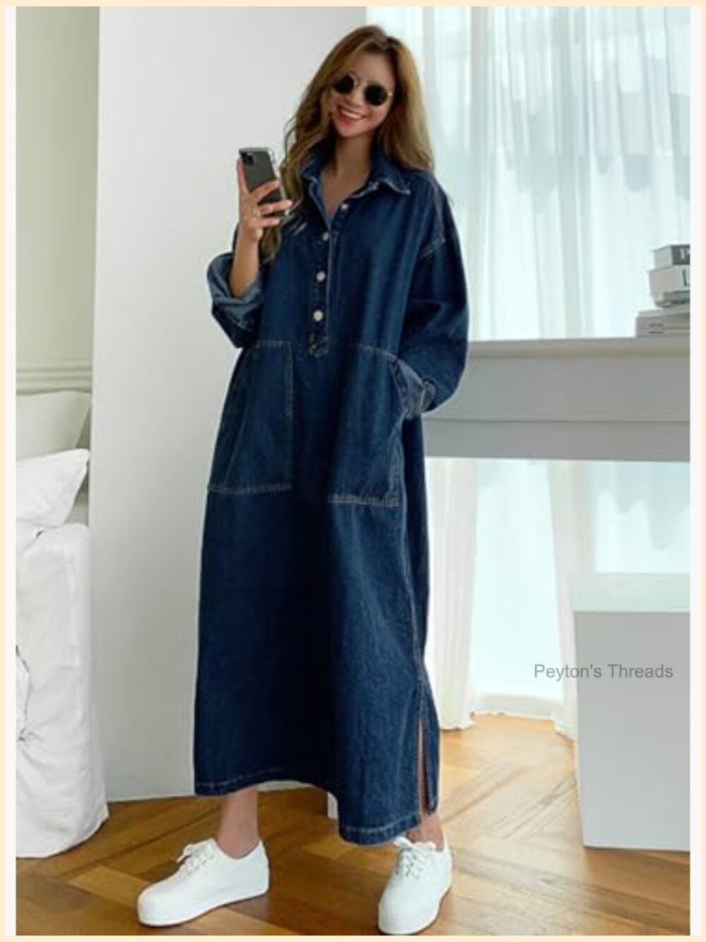 Casual Long Sleeve Maxi Denim Dress 1/2 Button Down Tunic Swing Dress - Picture 4 of 6